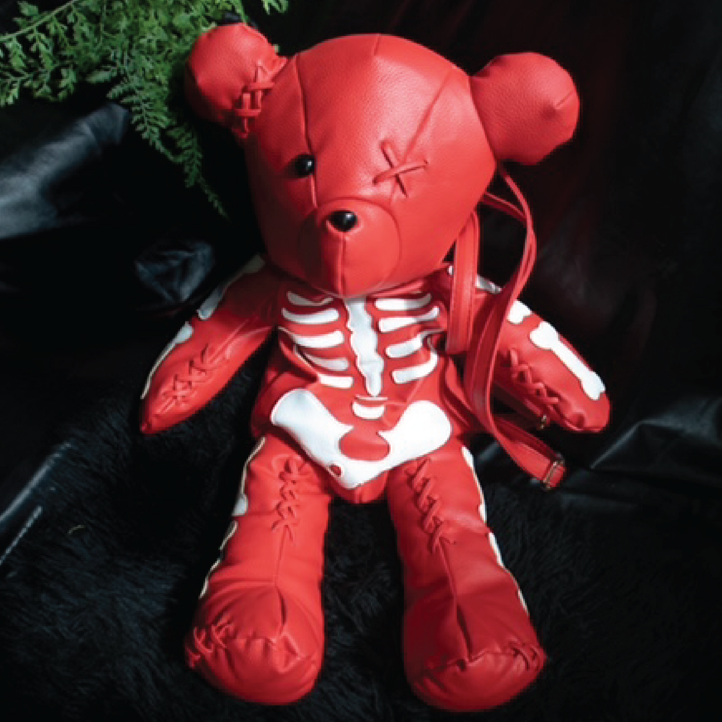 Skeleton Teddy Bear Leather Red Backpack